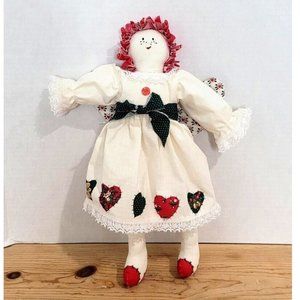 Vintage Handmade Folk Art Primitive Rag Doll Angel Embroidered Cloth Face 16 In